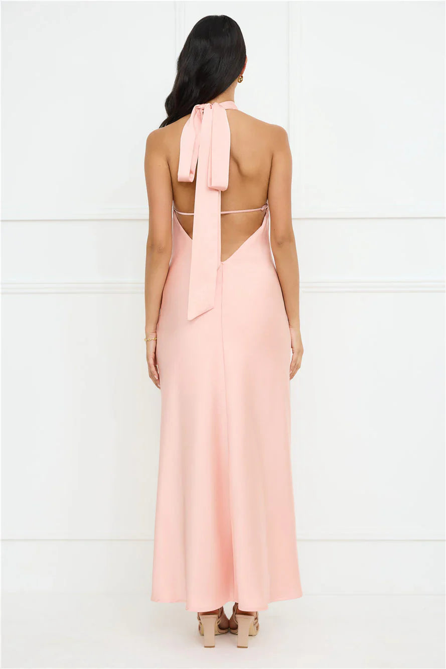 Delicate Dazzle Halter Satin Maxi Dress Peach