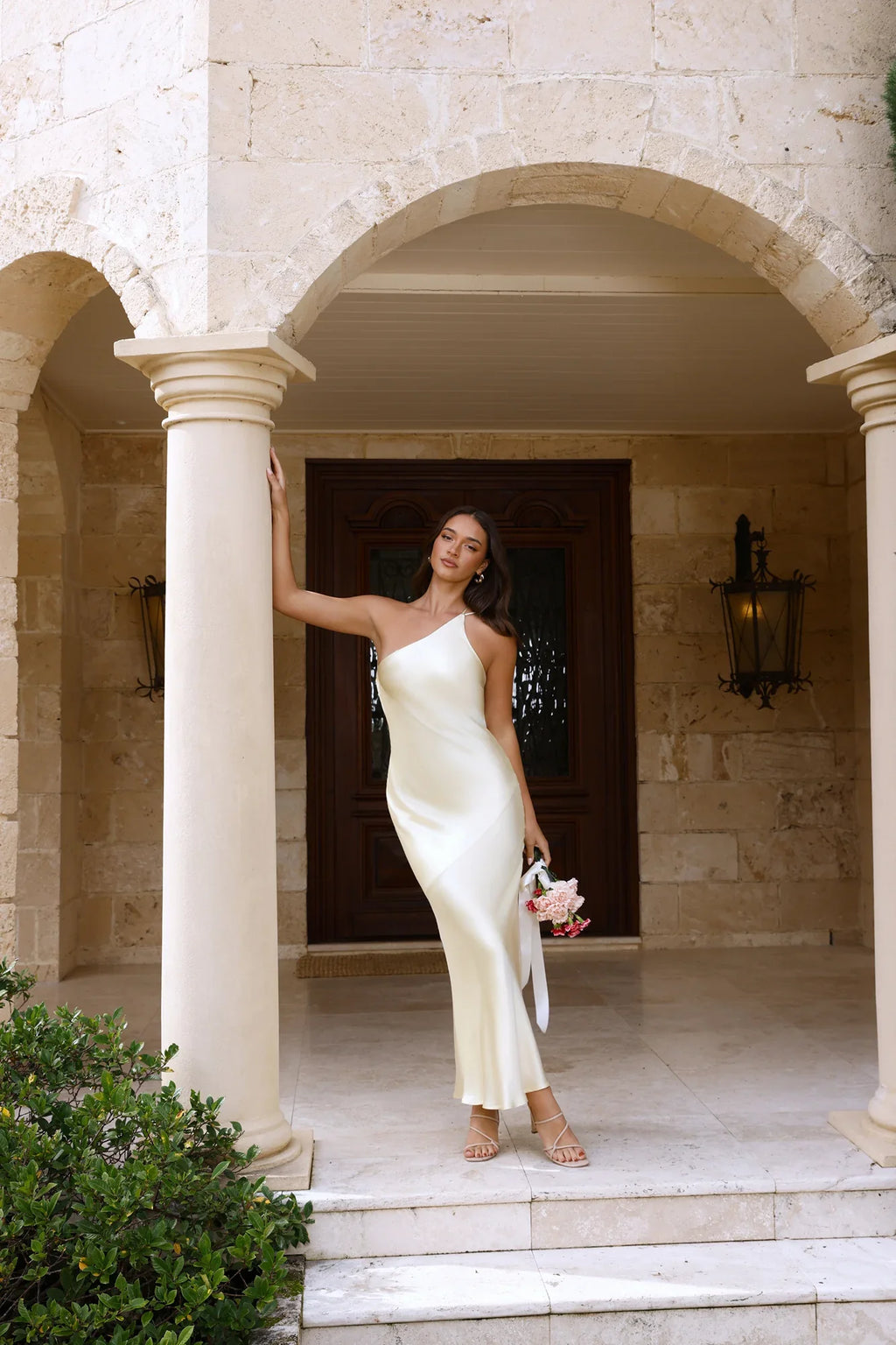 The Evangeline One Shoulder Satin Maxi Dress Yellow