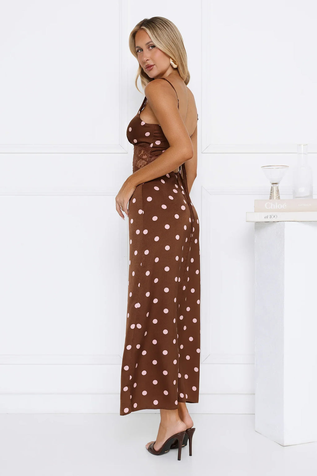 Staple Trend Polka Dot Satin Maxi Dress Brown