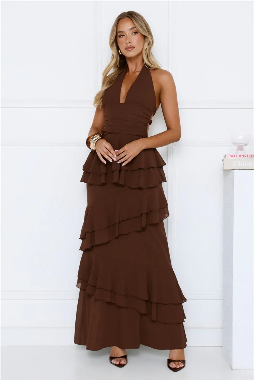 Power Glow Halter Maxi Dress Brown