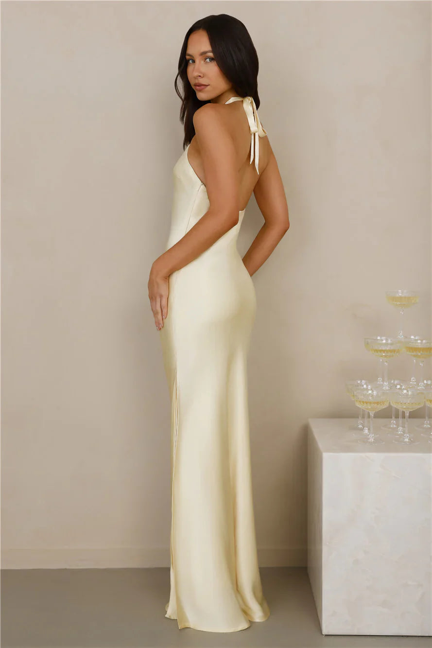 The Delilah Satin Halter Maxi Dress Yellow