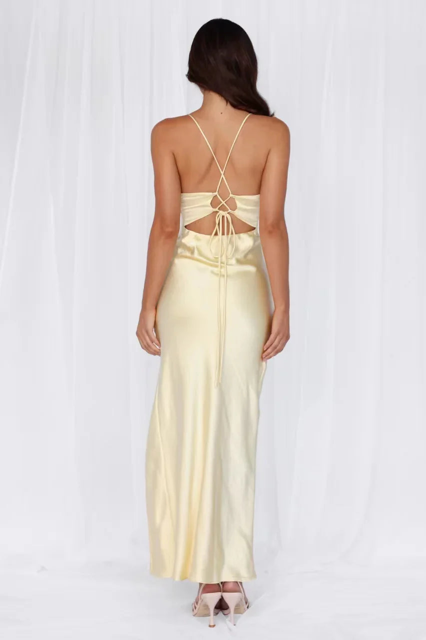 The Sophia Satin Maxi Dress Yellow