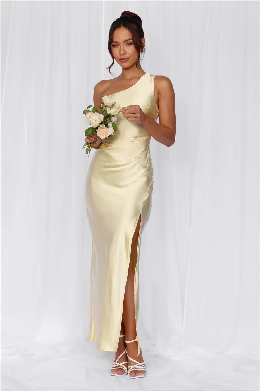 The Aurora One Shoulder Satin Maxi Dress Yellow