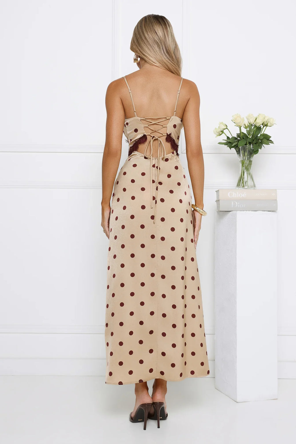 Trending Polka Dots Satin Maxi Dress Yellow