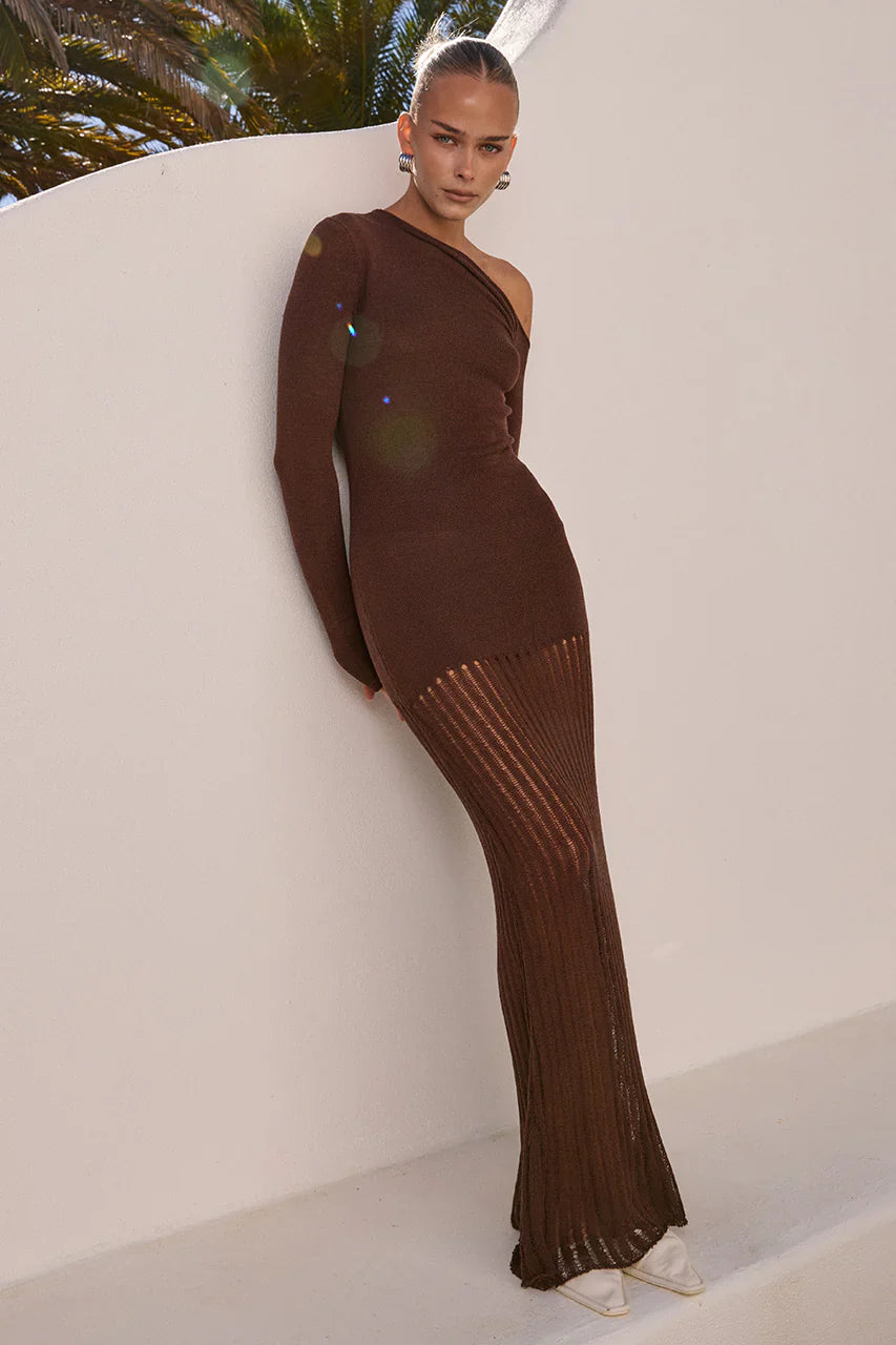 GRETA ONE SHOULDER KNIT MAXI DRESS - CHOCOLATE