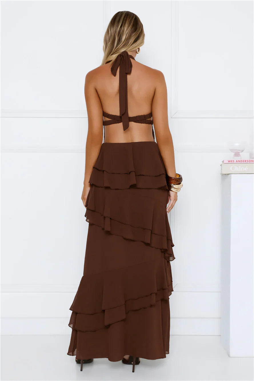 Power Glow Halter Maxi Dress Brown