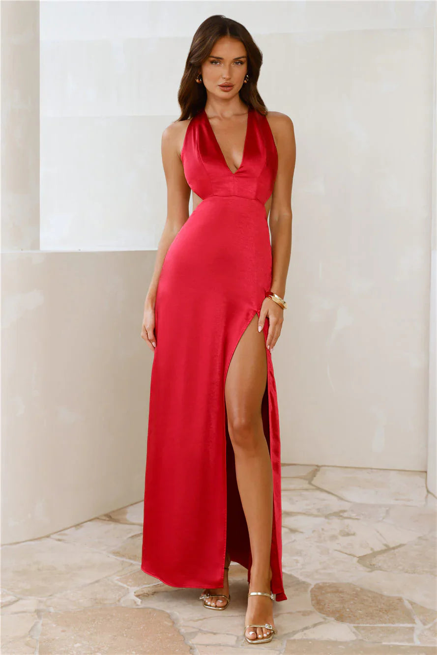Until The Sun Rises Satin Maxi Dress Red