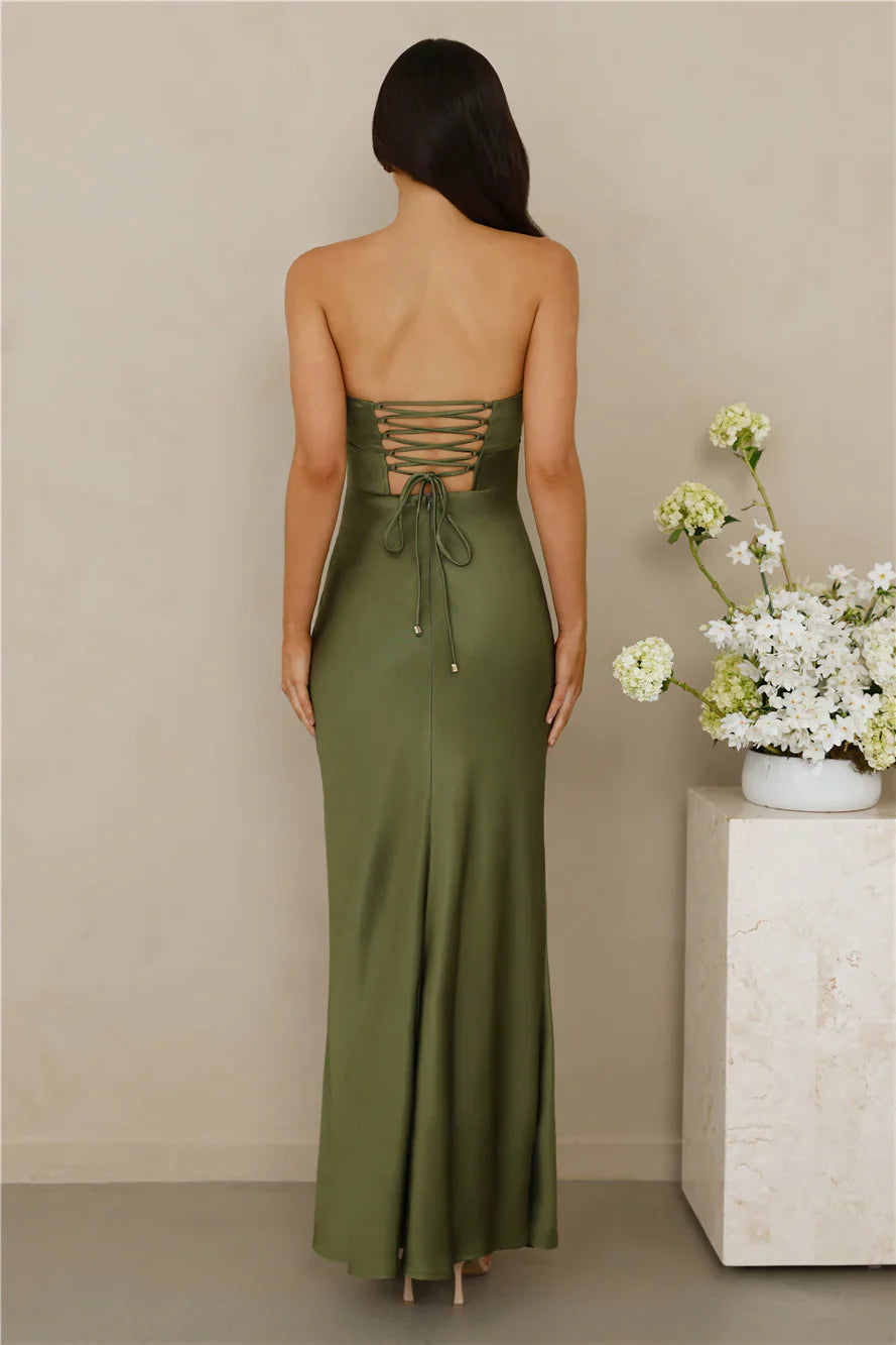 The Seraphina Strapless Satin Maxi Dress Olive