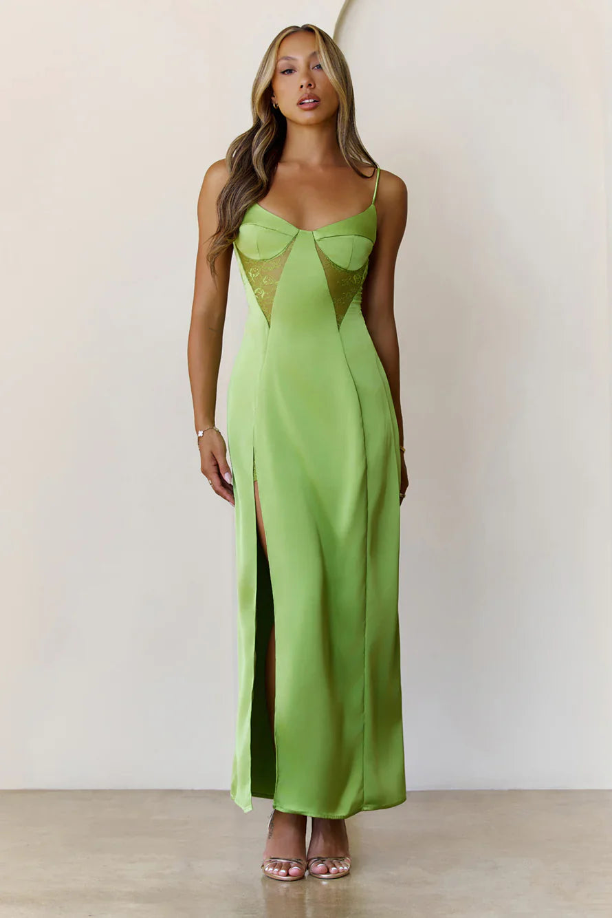 Midnight Heirloom Satin Maxi Dress Green