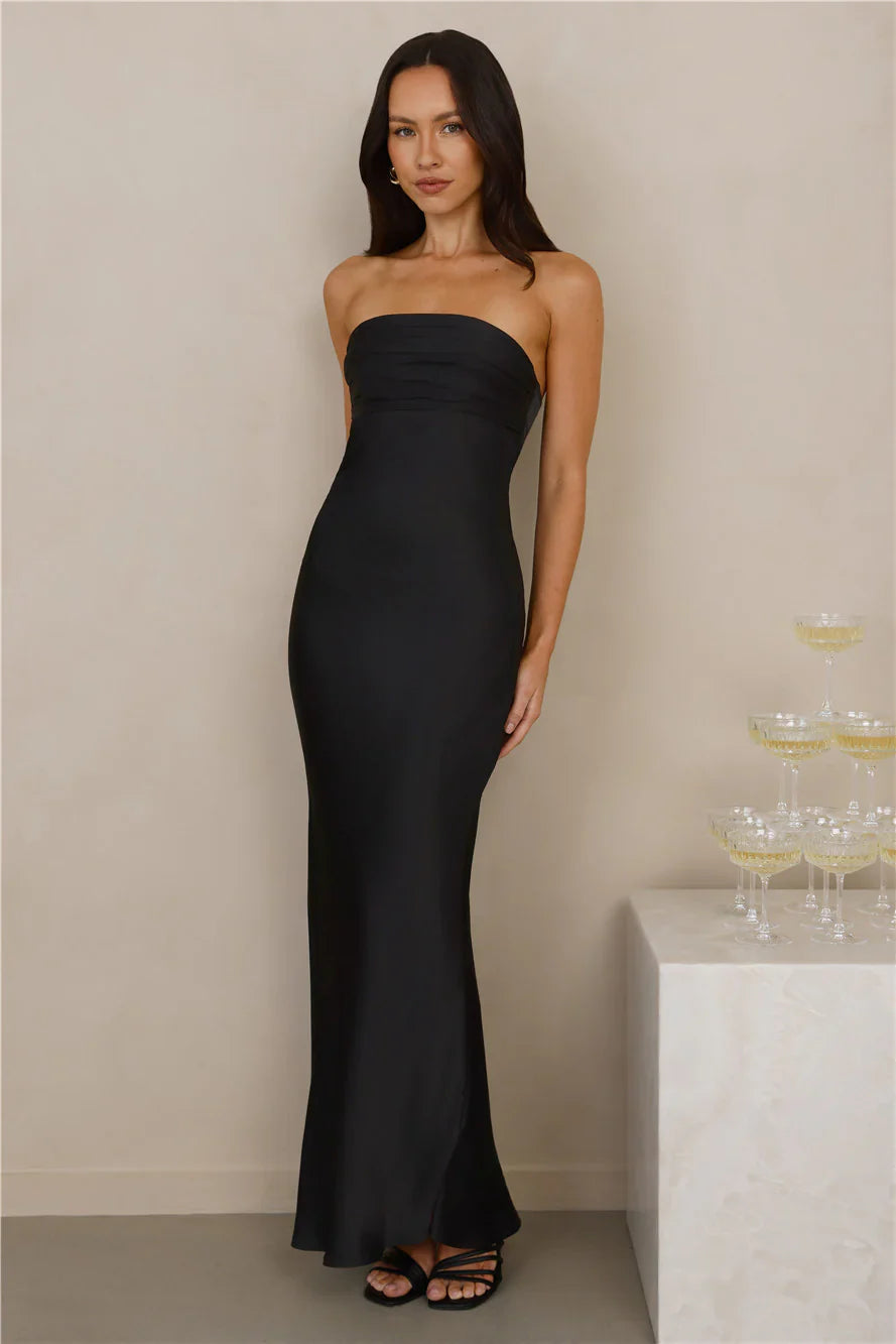 The Seraphina Strapless Satin Maxi Dress Black