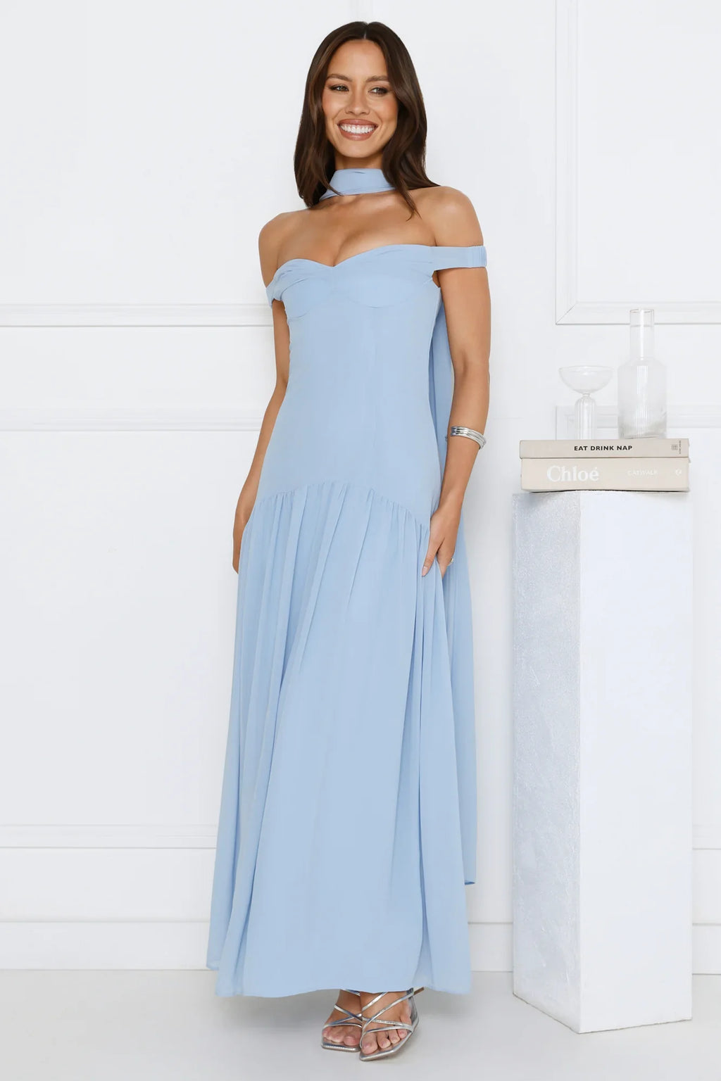 The Style Spotlight Off Shoulder Maxi Dress Blue