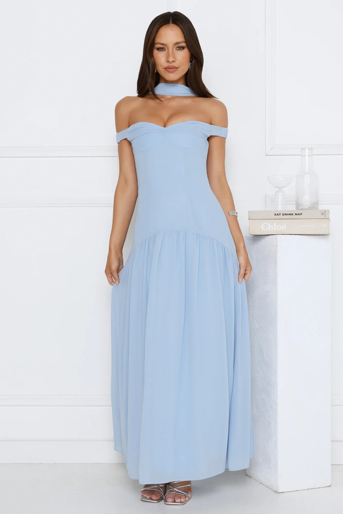 The Style Spotlight Off Shoulder Maxi Dress Blue