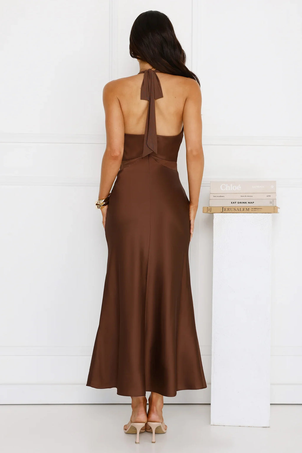 Nocturnal Bloom Satin Halter Maxi Dress Brown