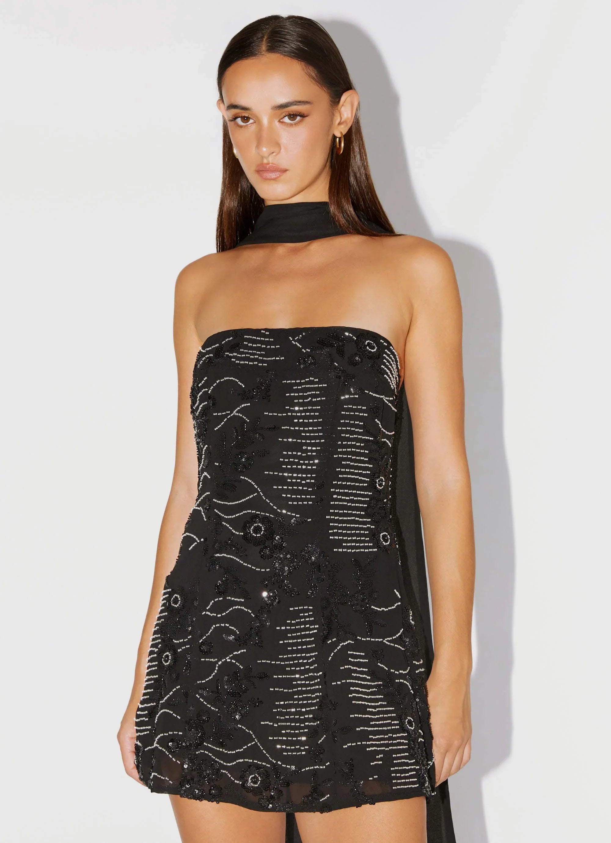 Kiesha Strapless Scarf Mini Dress - Black