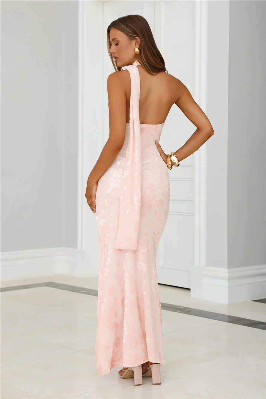 Velvet Petals Halter Maxi Dress Pink
