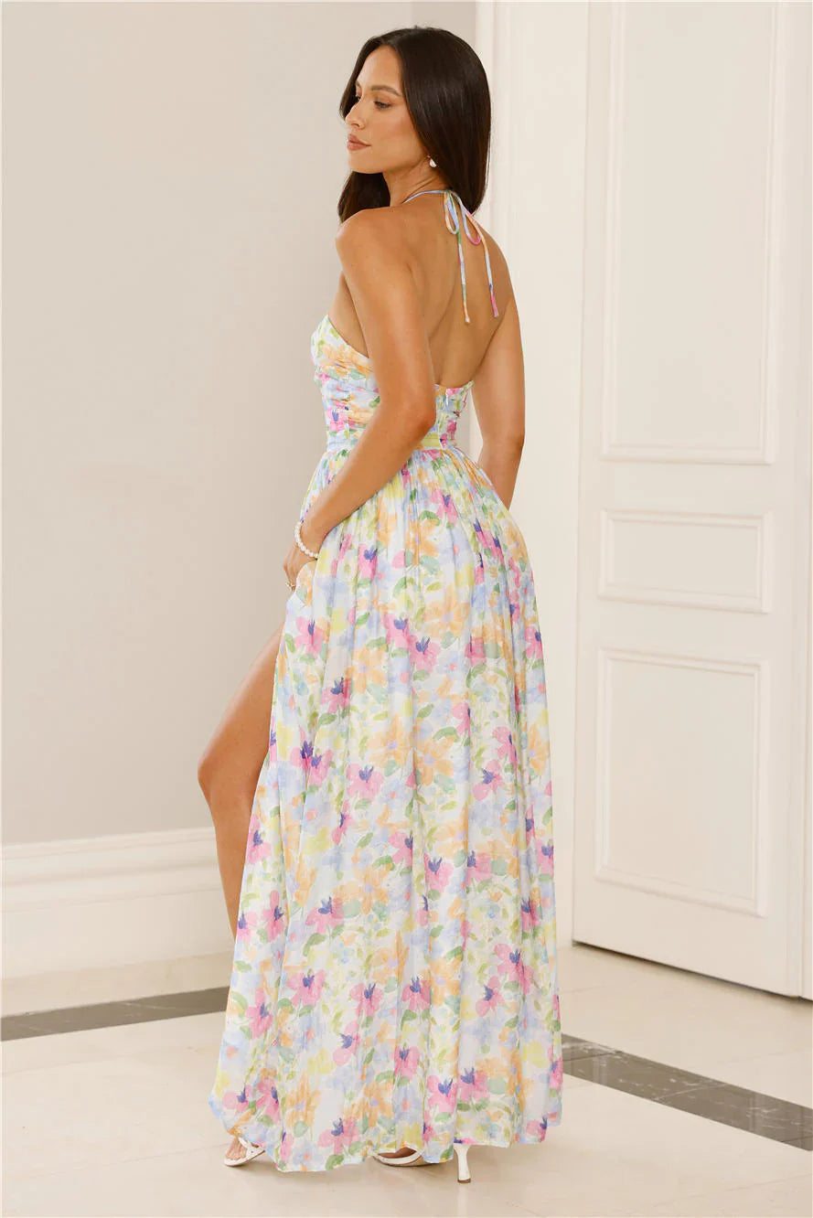Hibiscus Hues Halter Maxi Dress Print