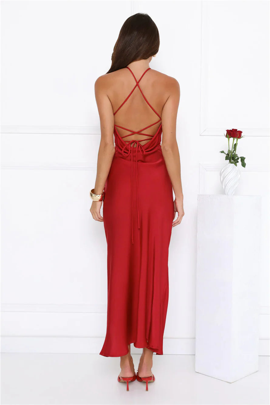 Love Me More Satin Maxi Dress Red