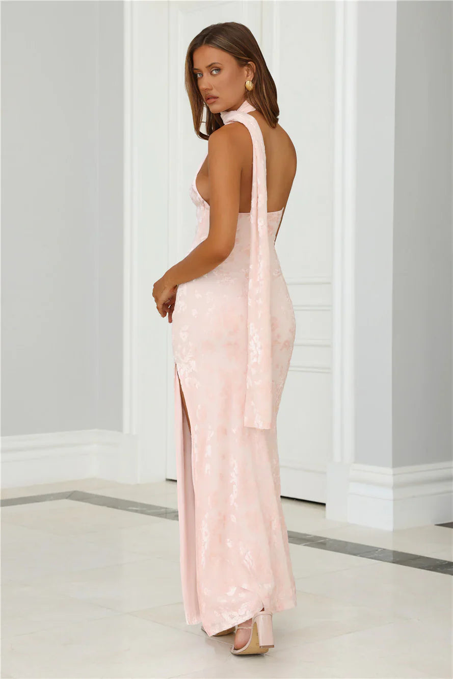 Velvet Petals Halter Maxi Dress Pink