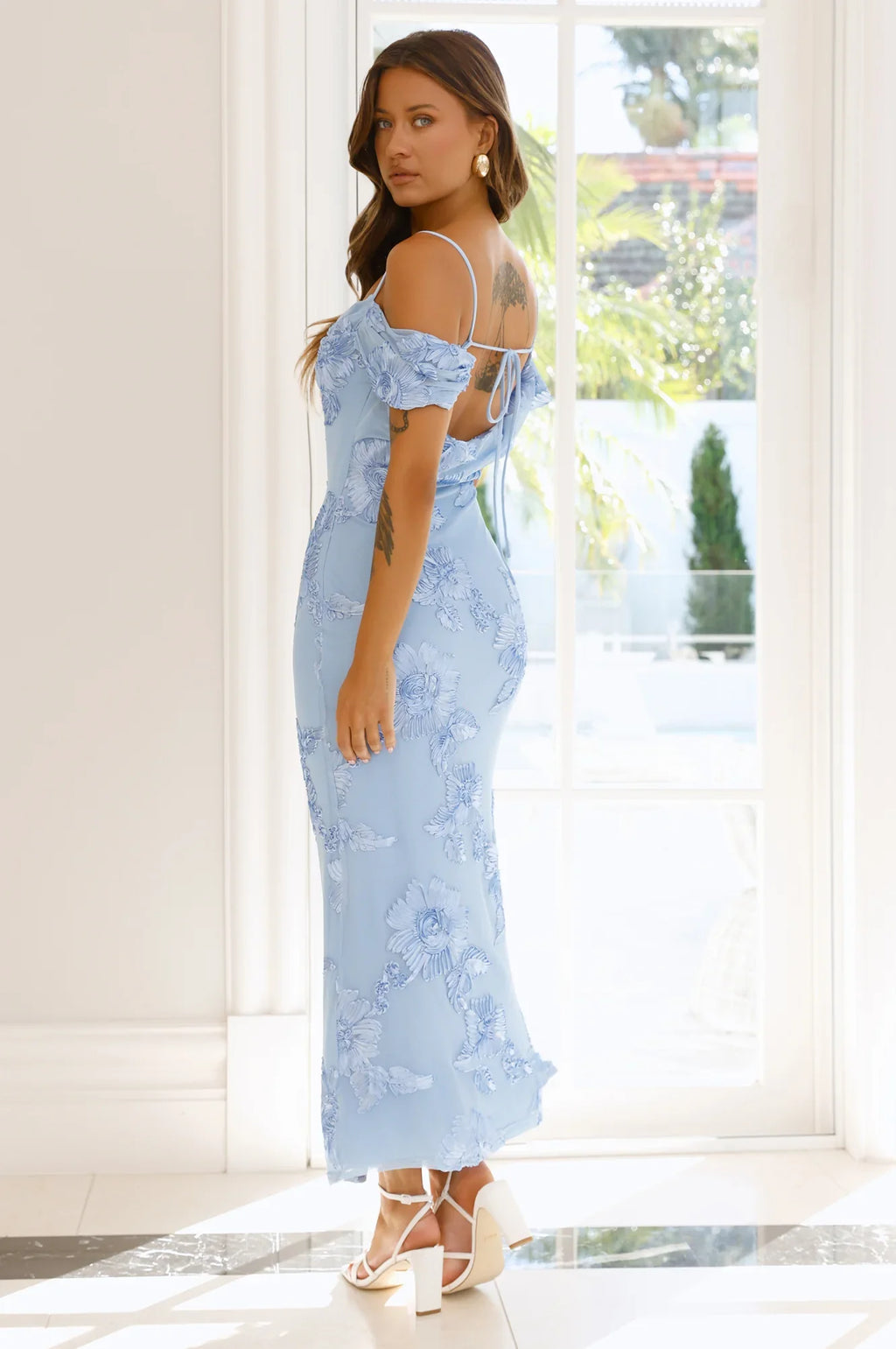 You’re Magic Off Shoulder Mesh Maxi Dress Blue
