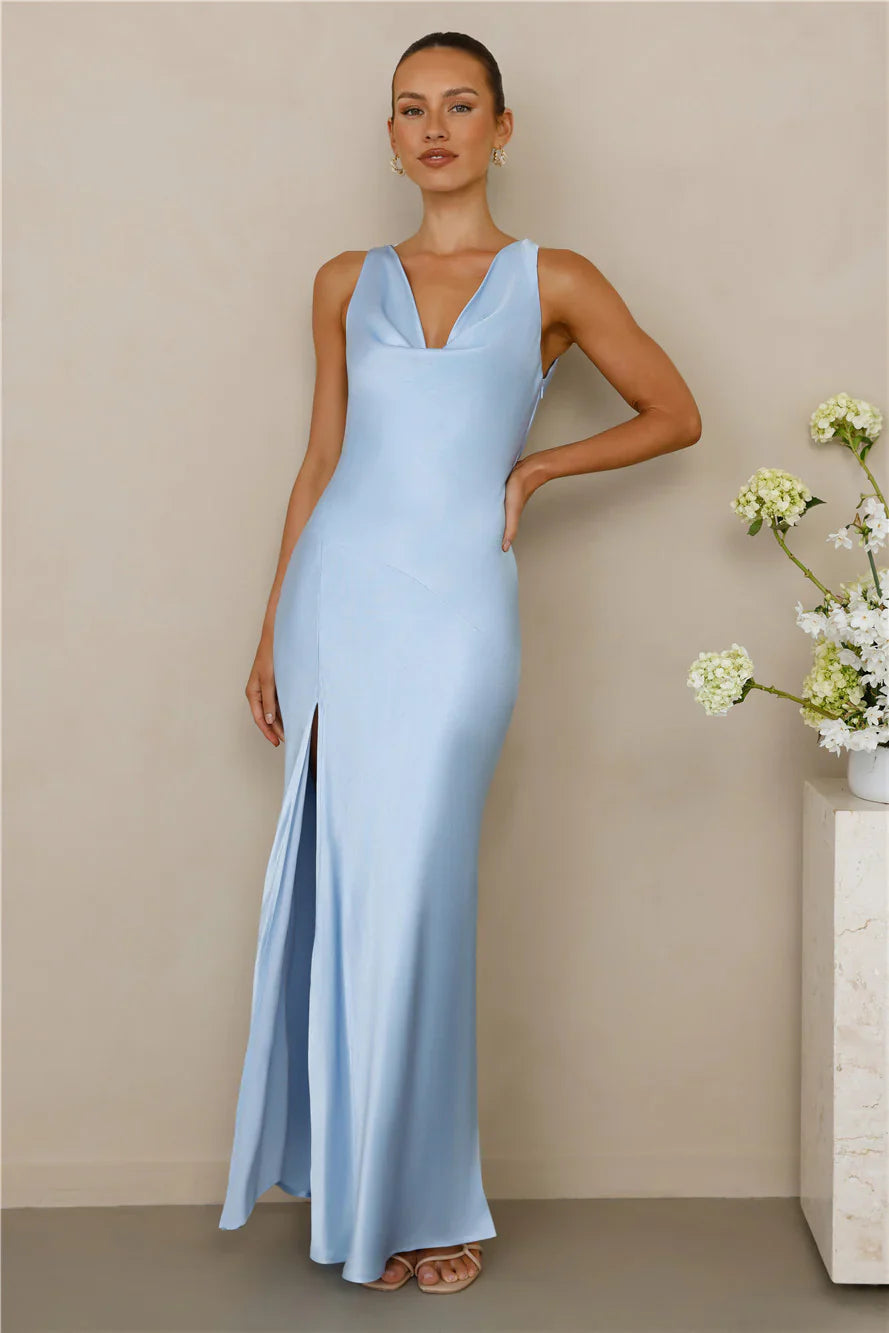 The Loretta Cowl Satin Maxi Dress Blue