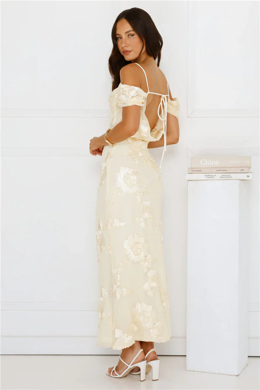 You’re Magic Off Shoulder Mesh Maxi Dress Yellow