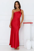 Graceful Elegance One Shoulder Satin Maxi Dress Red