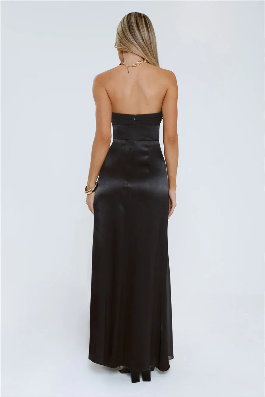 Statement Shine Strapless Satin Maxi Dress Black