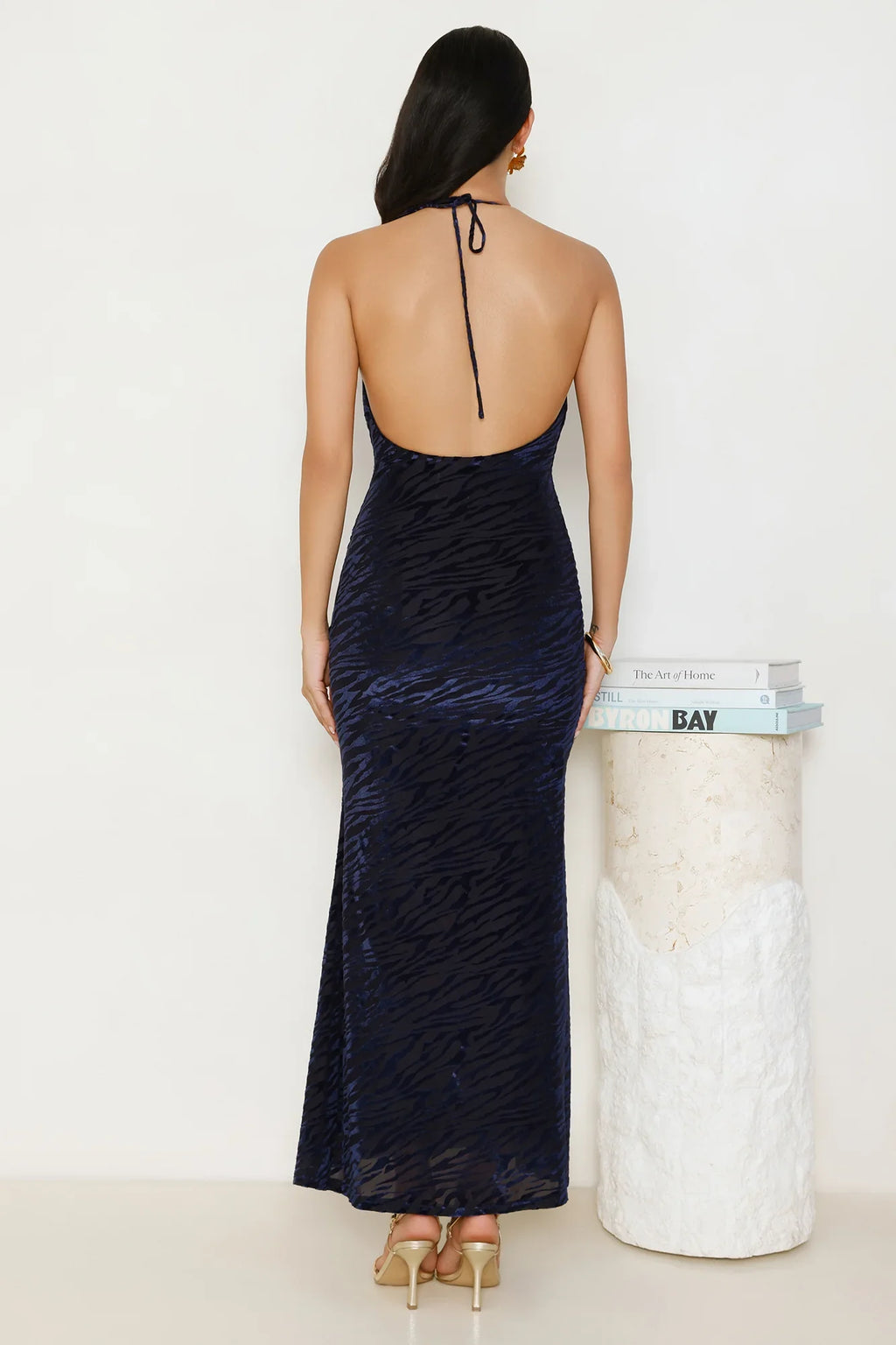 Zebra Charm Halter Maxi Dress Navy