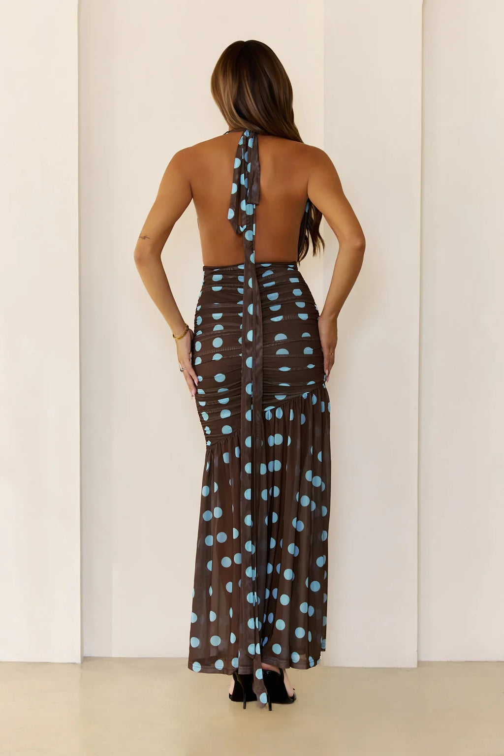 The Darling Dot Edit Halter Maxi Dress Brown