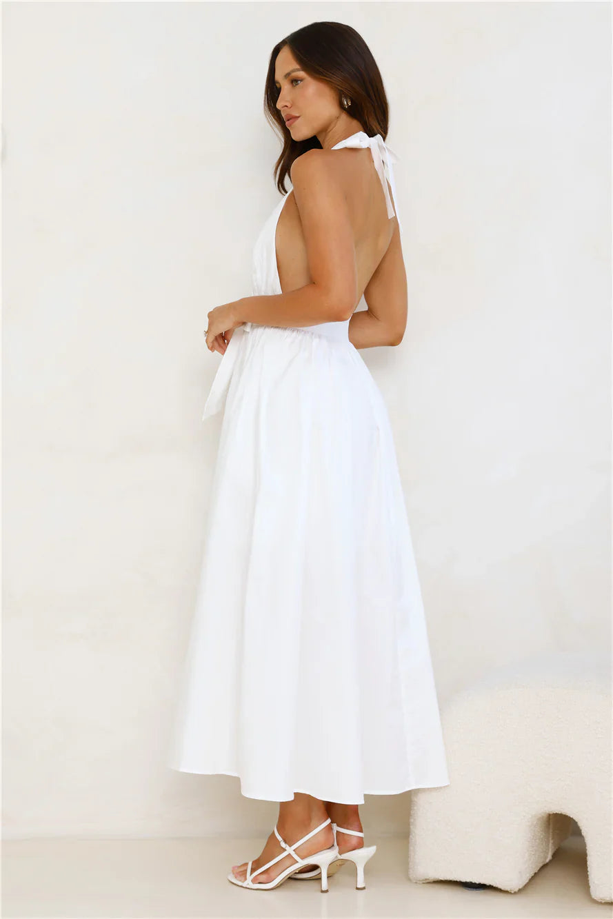 Moonlit Reverie Halter Midi Dress White