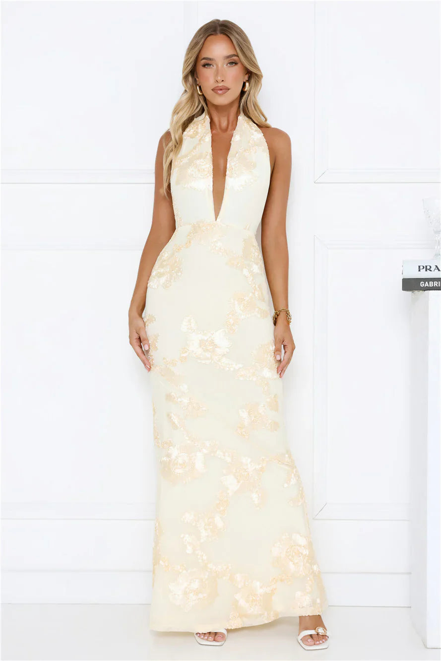 Daydream Kiss Halter Mesh Maxi Dress Yellow
