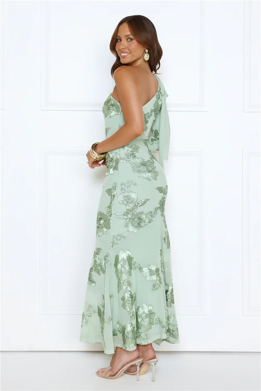 Glow Queen Energy One Shoulder Maxi Dress Sage