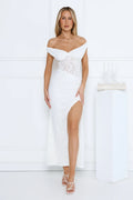 Ivory Veil Off Shoulder Lace Maxi Dress White
