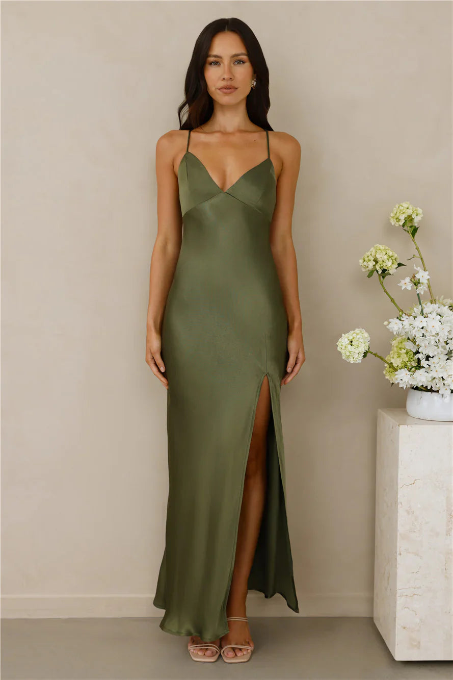 The Sophia Satin Maxi Dress Olive