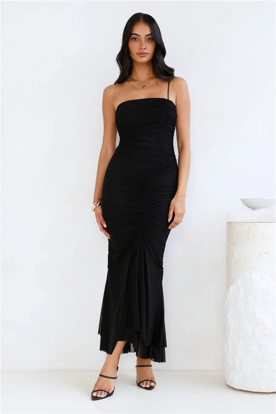 Style Night One Shoulder Mesh Midi Dress Black