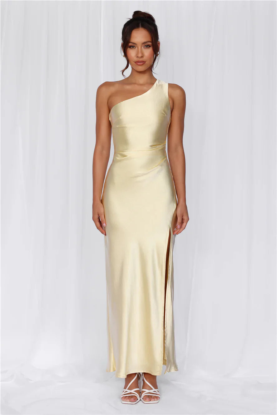 The Aurora One Shoulder Satin Maxi Dress Yellow