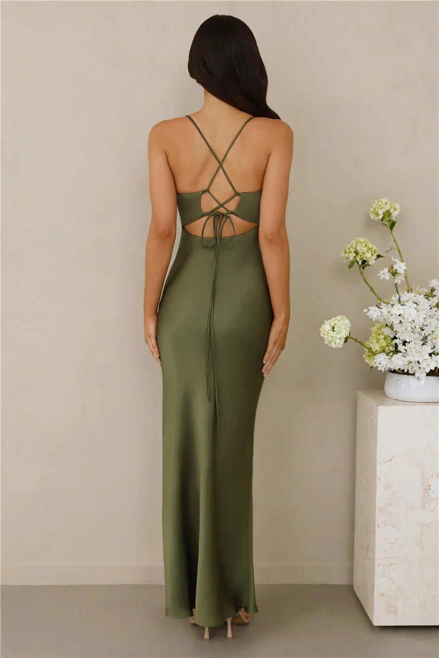 The Sophia Satin Maxi Dress Olive