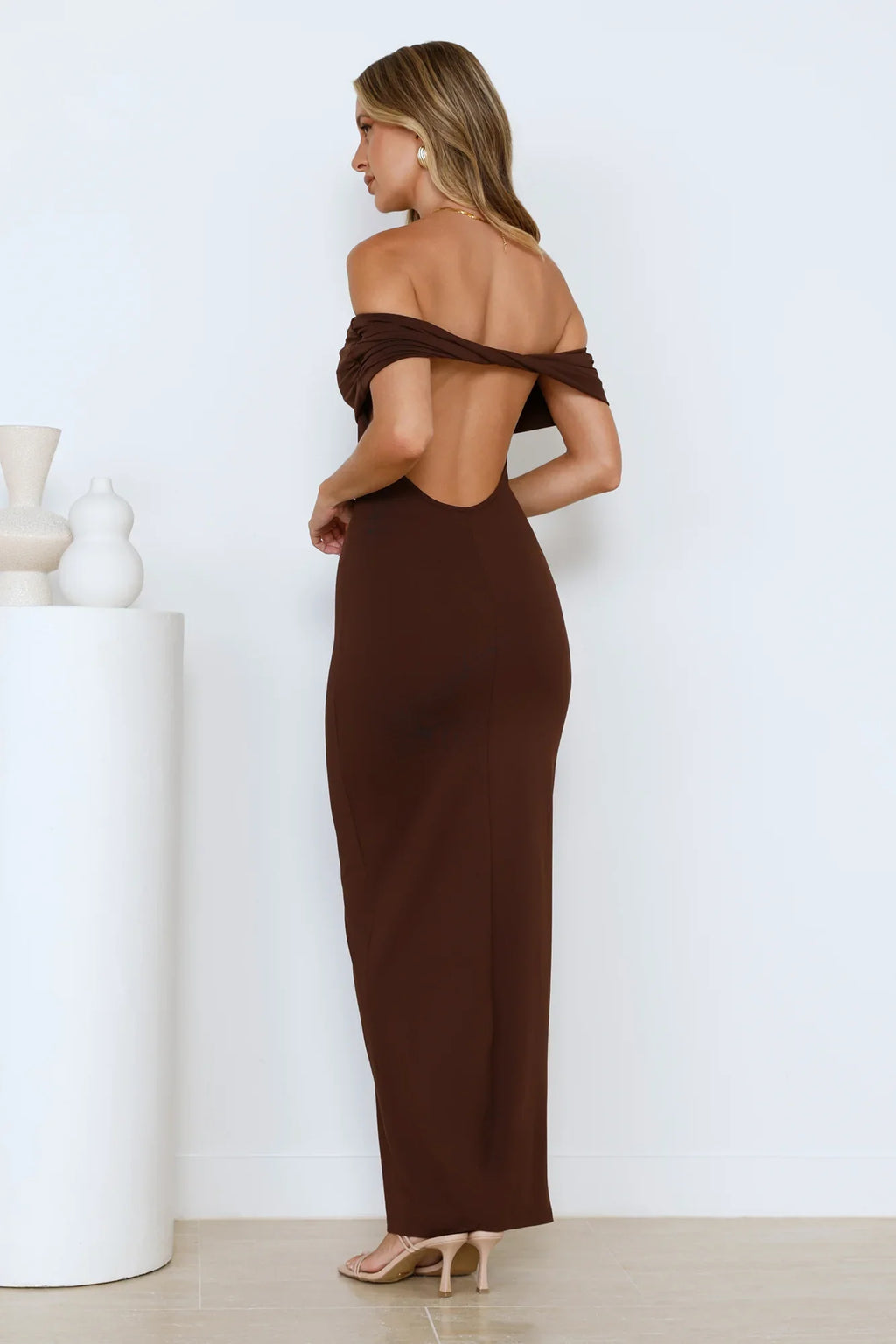 Soft Whispers Off Shoulder Maxi Dress Brown