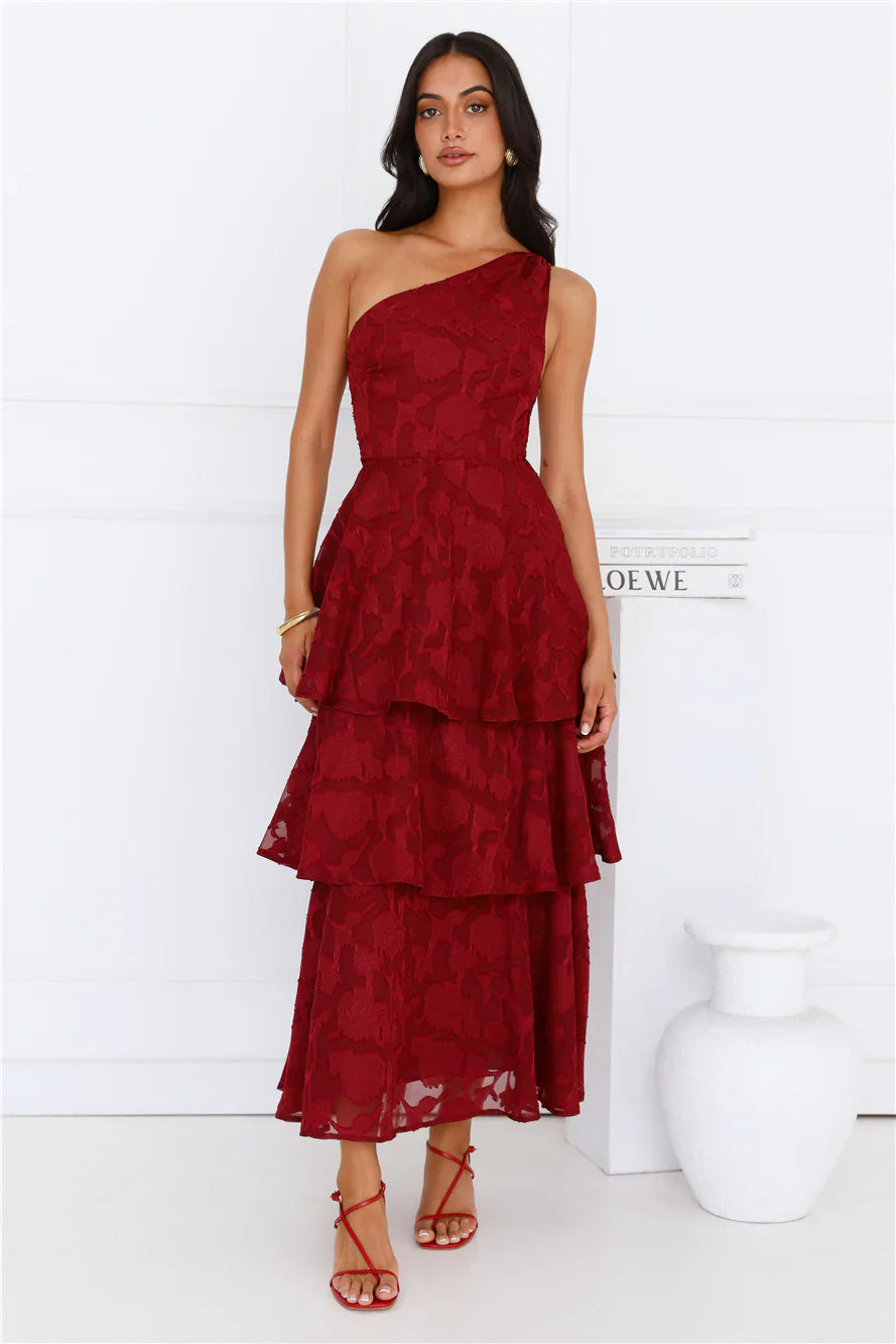 Pixie Petals One Shoulder Maxi Dress Burgundy