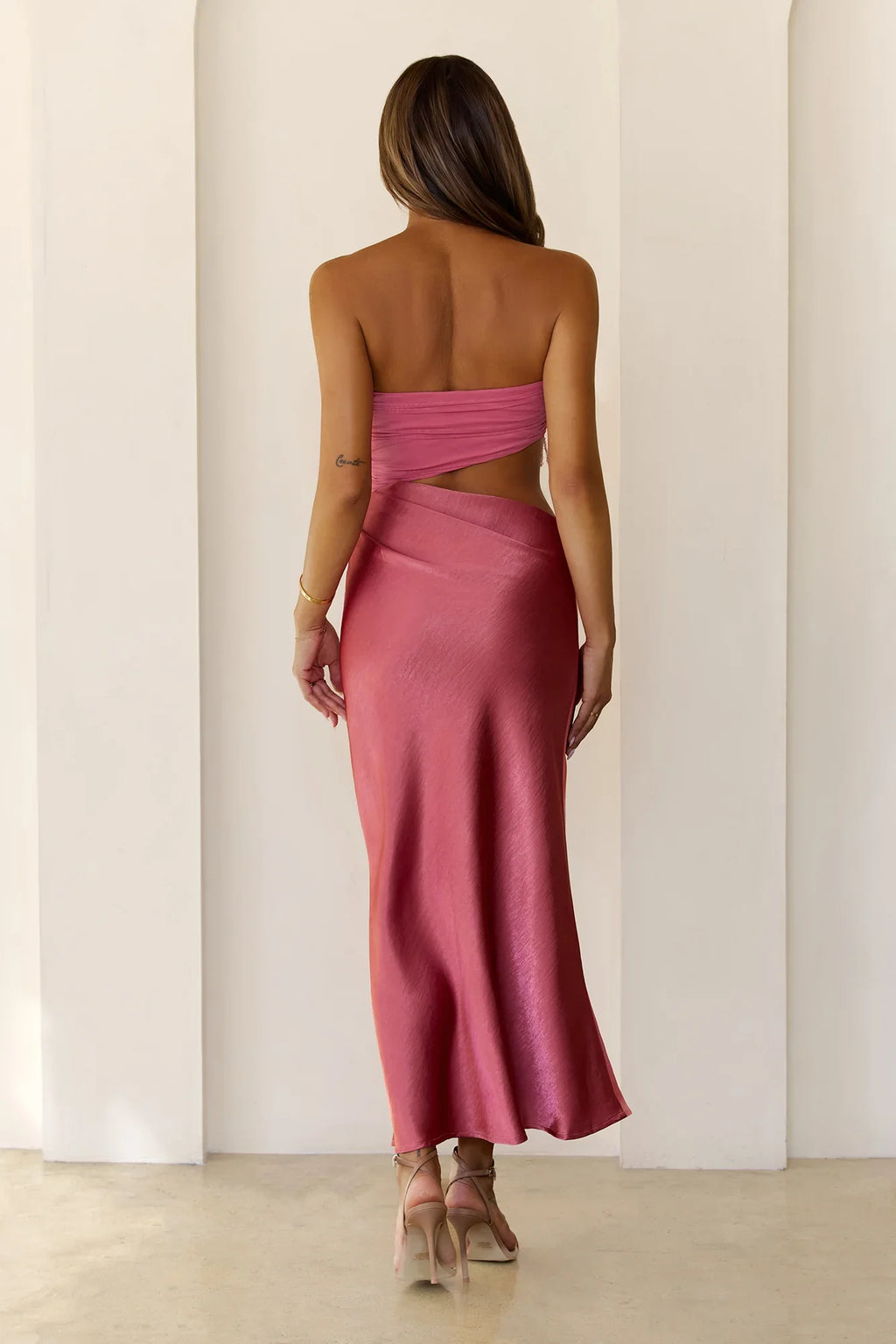 Dusk Luxe Satin Strapless Maxi Dress Rose